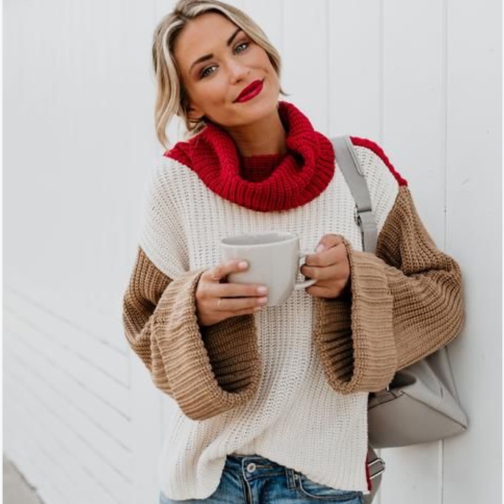 VICI Color Block Cowlneck Sweater - Red, White, and Brown—Size S